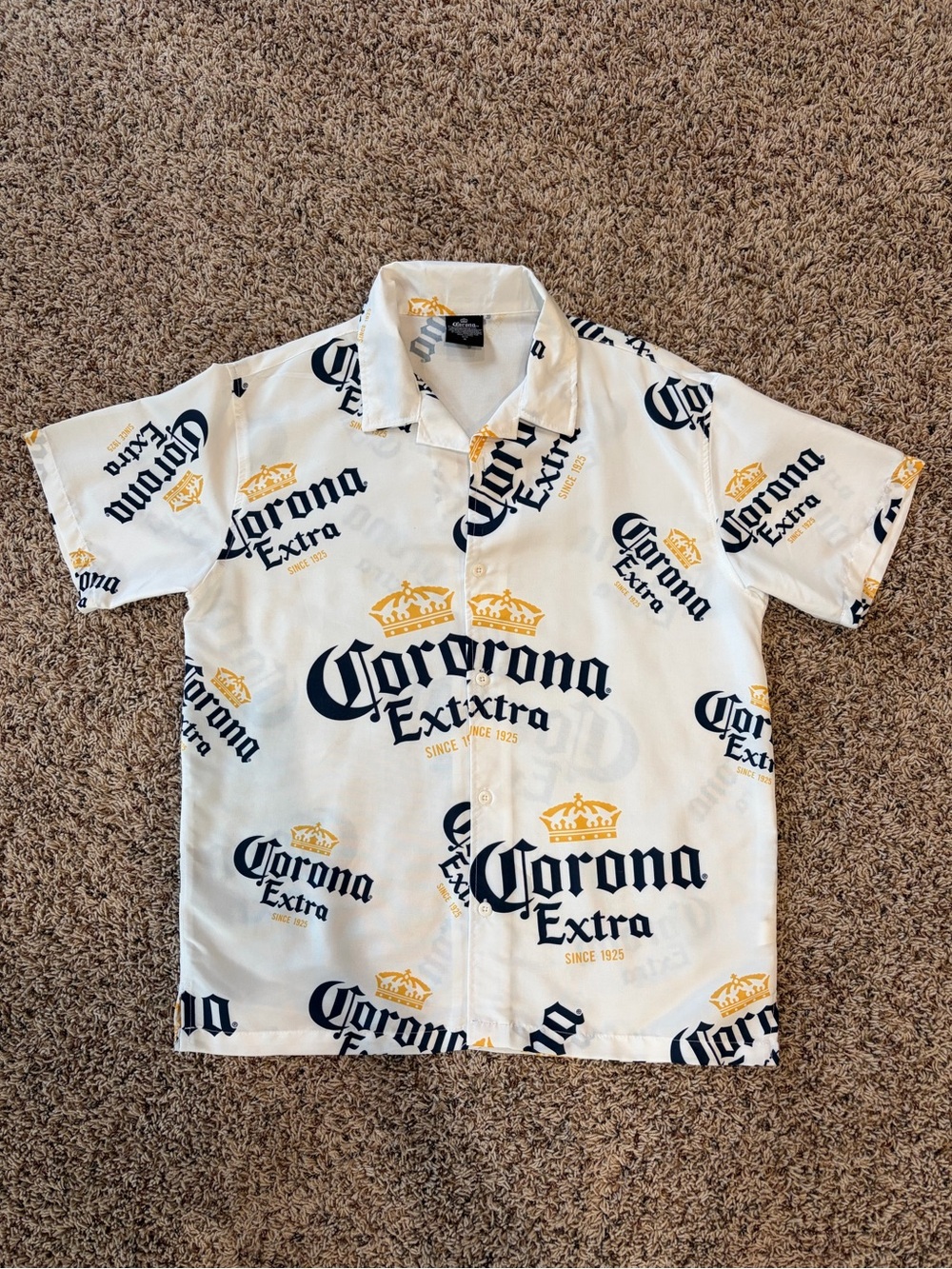 Corona White Short-Sleeve Button-Down Shirt with Gold & Navy Logo Print